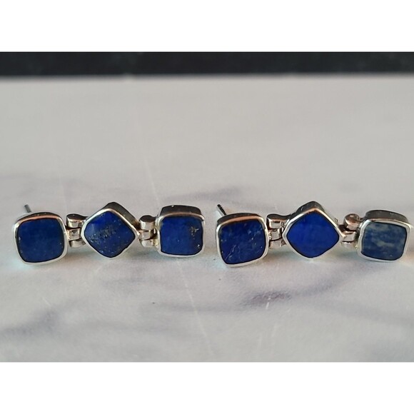 925 Sterling Silver Lapis Lazuli Beaded Dangling Pierced Earrings Vintage - Picture 5 of 10